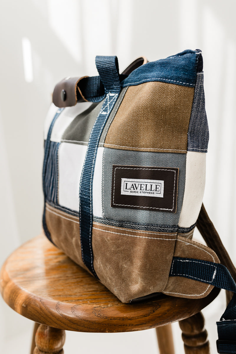 Patchwork Denim and waxed canvas backpack/carryall