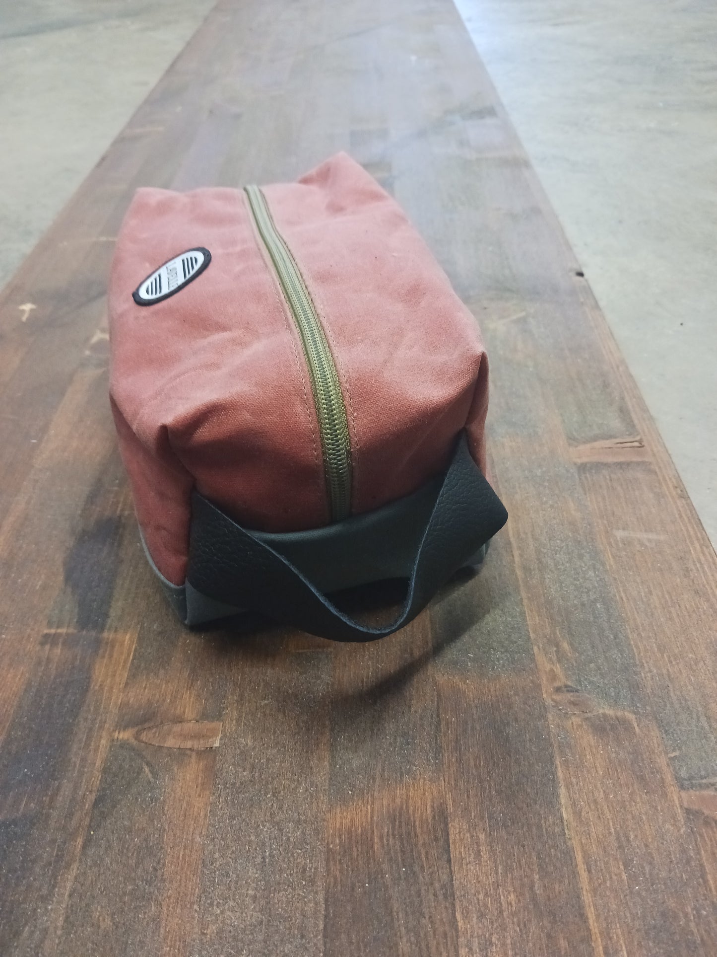 Nautical red and field tan Waxed canvas dopp kit.