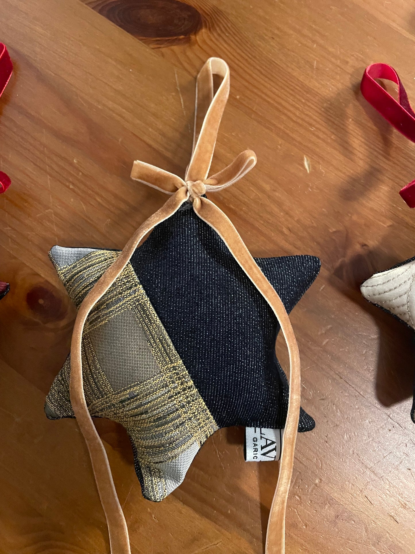 Golden cream and gold plaid textile and denim ornament 2024