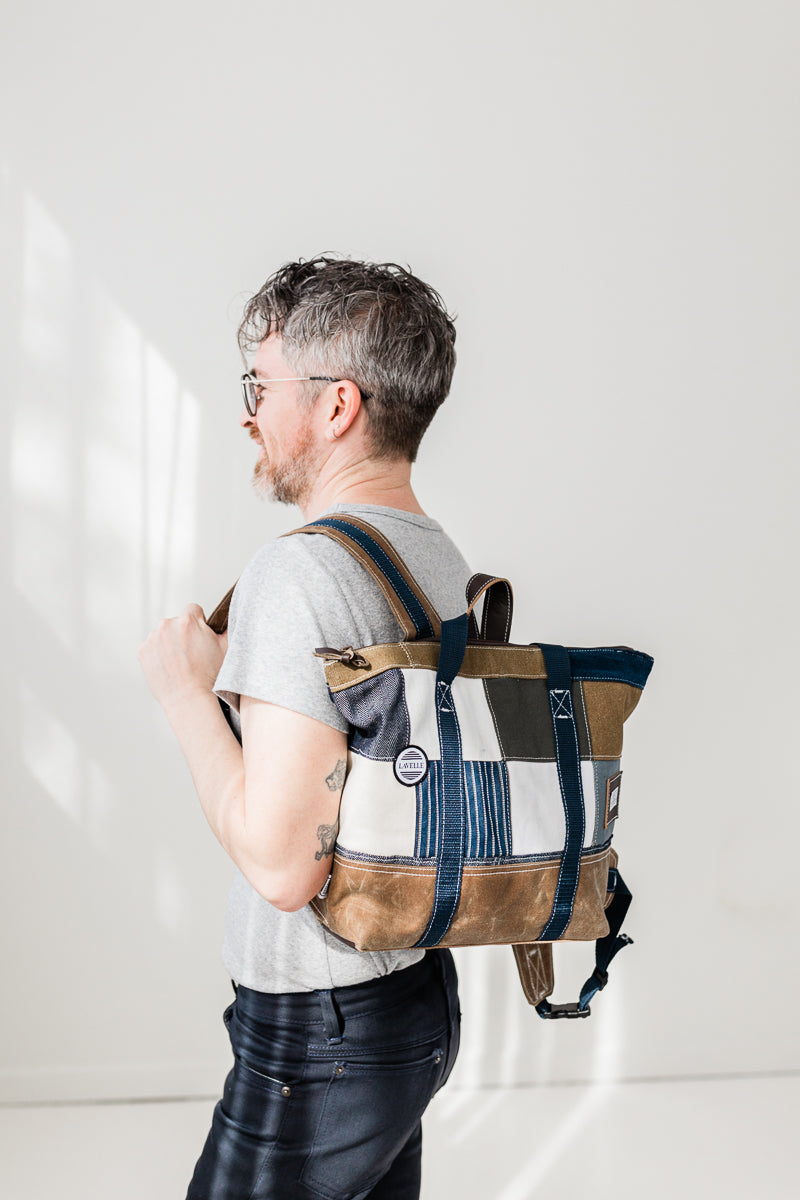 Patchwork Denim and waxed canvas backpack/carryall