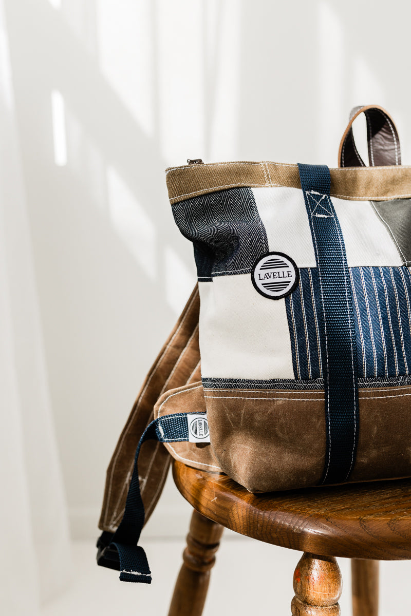 Patchwork Denim and waxed canvas backpack/carryall