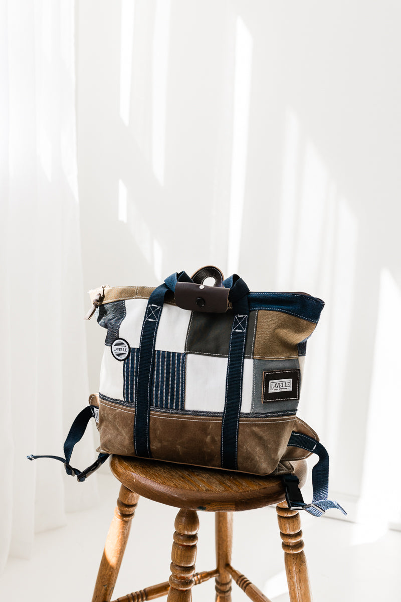 Patchwork Denim and waxed canvas backpack/carryall