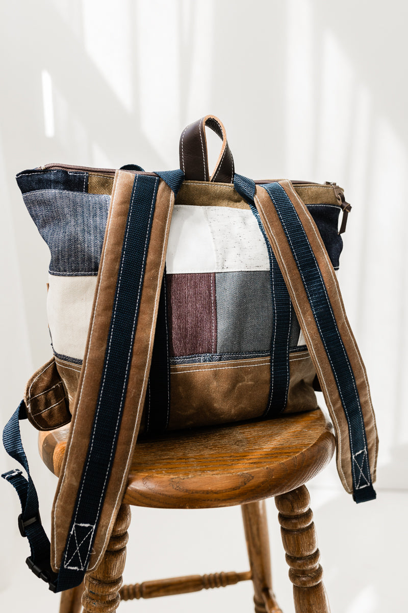 Patchwork Denim and waxed canvas backpack/carryall