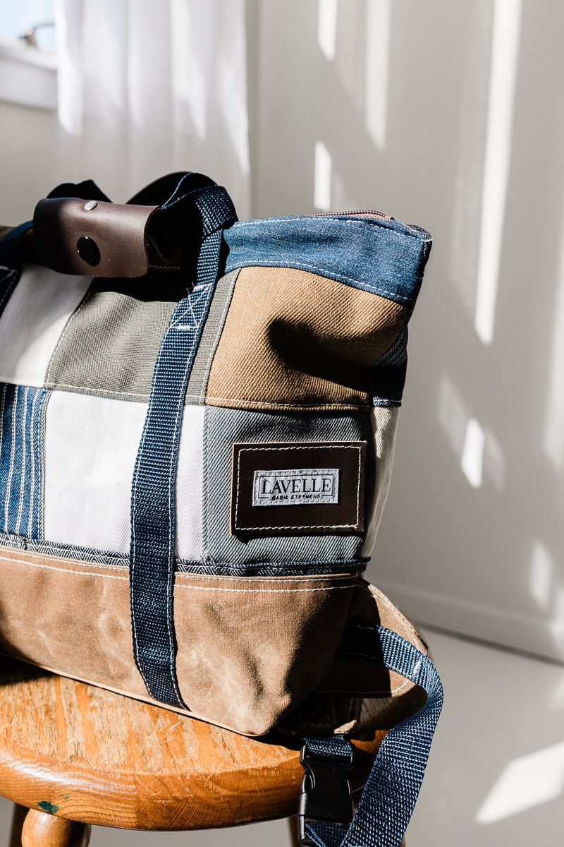 Patchwork Denim and waxed canvas backpack/carryall