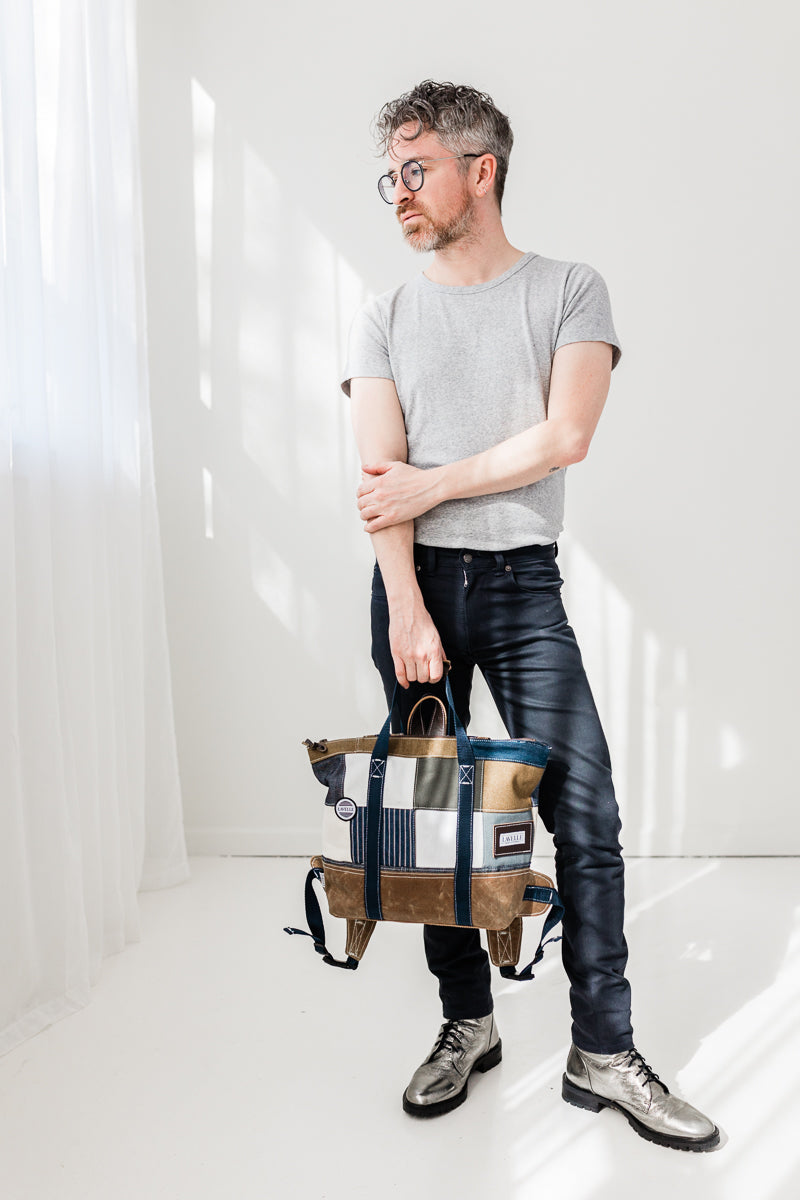 Patchwork Denim and waxed canvas backpack/carryall