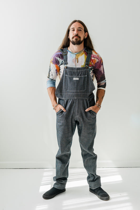 Japanese selvage Herringbone denim overalls (unisex) with white contrast stitching and lavelle buttons