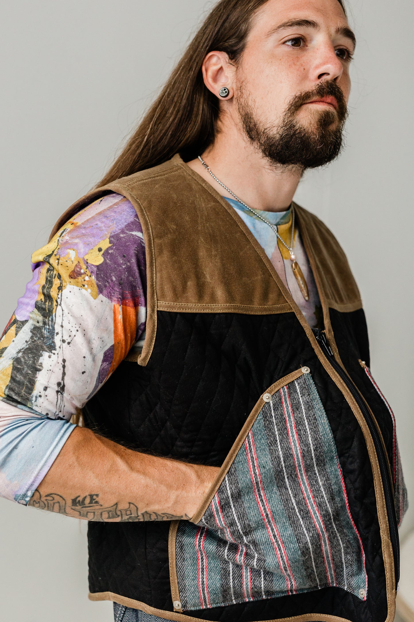 Hand quilted/Woolrich wool/waxed canvas puffer vest (unisex)