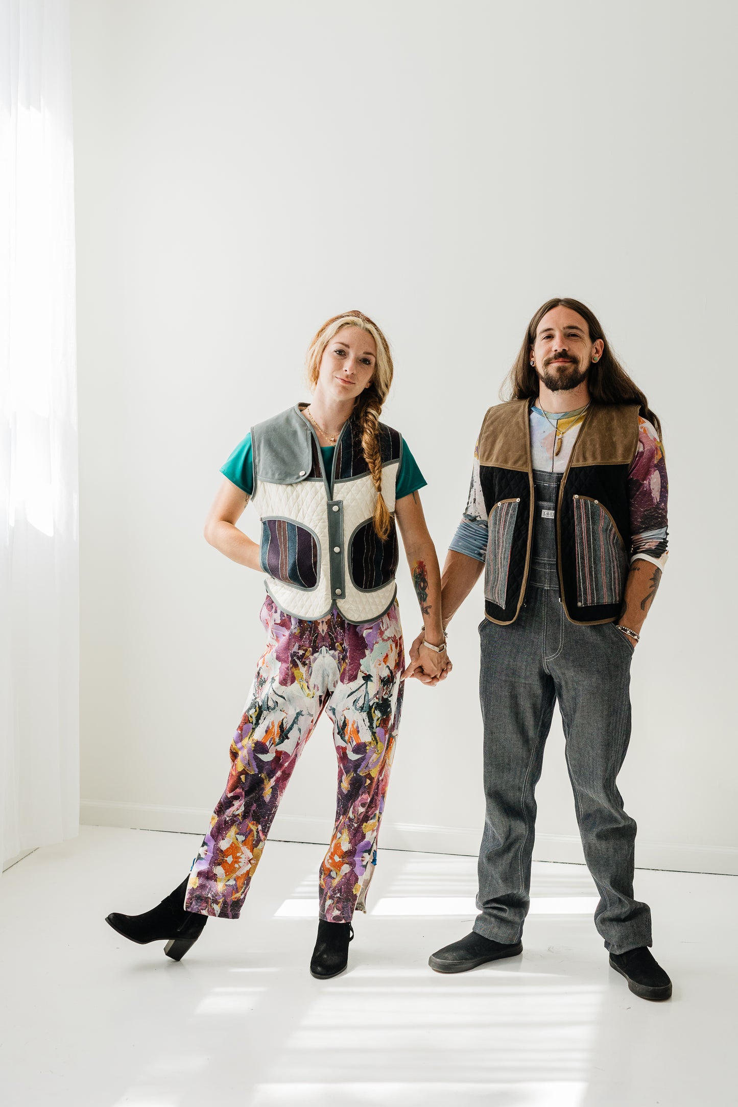 Denim quilted, wool and waxed canvas puffer vest