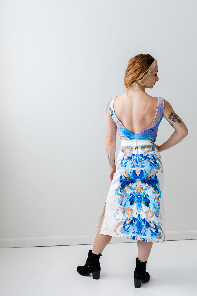 Vegetable dyed denim mirrored print denim A-line skirt