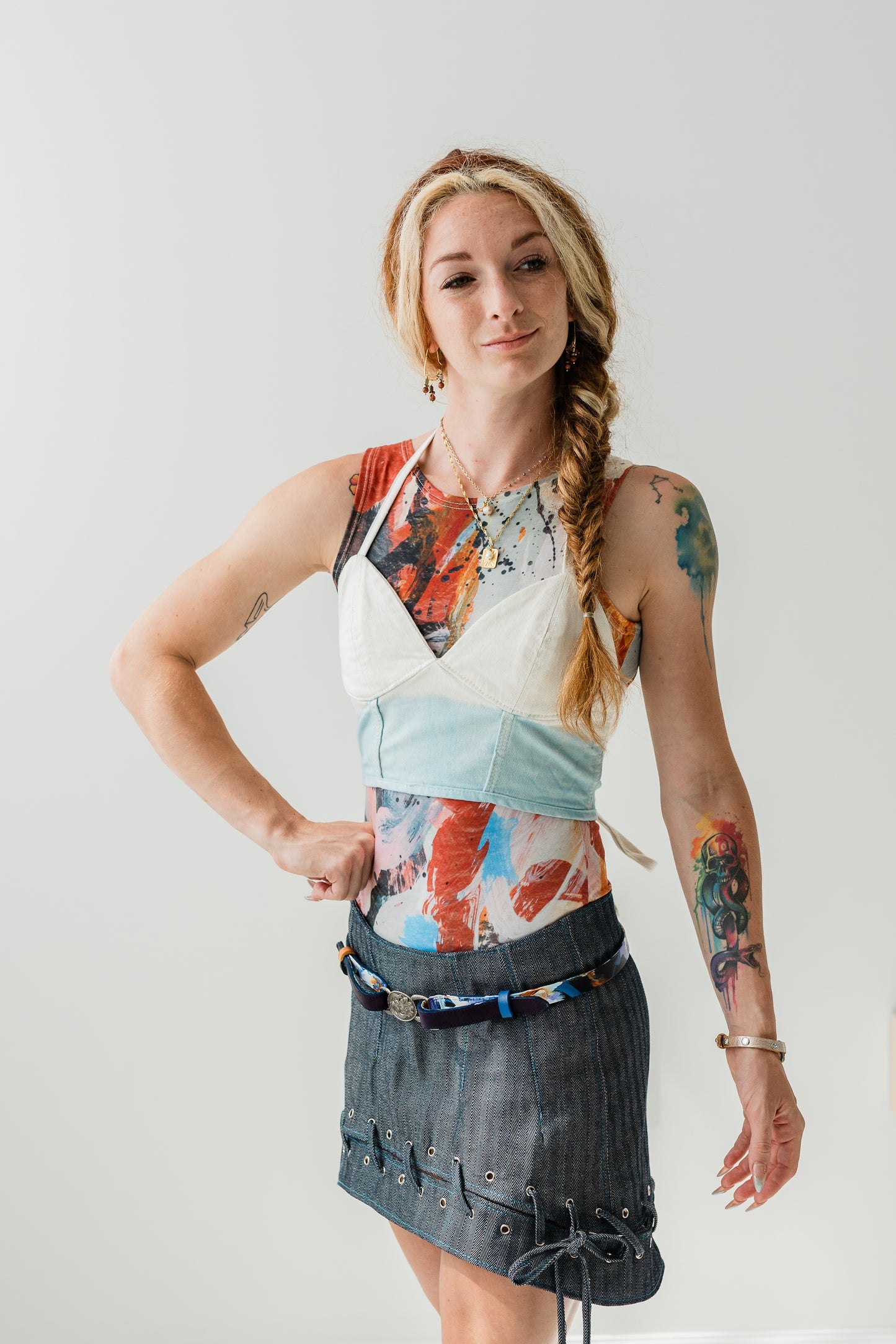 Lavelle x Marcy Parks Hand Dyed and Hand Painted Print Leather Belt with Southwestern Buckle