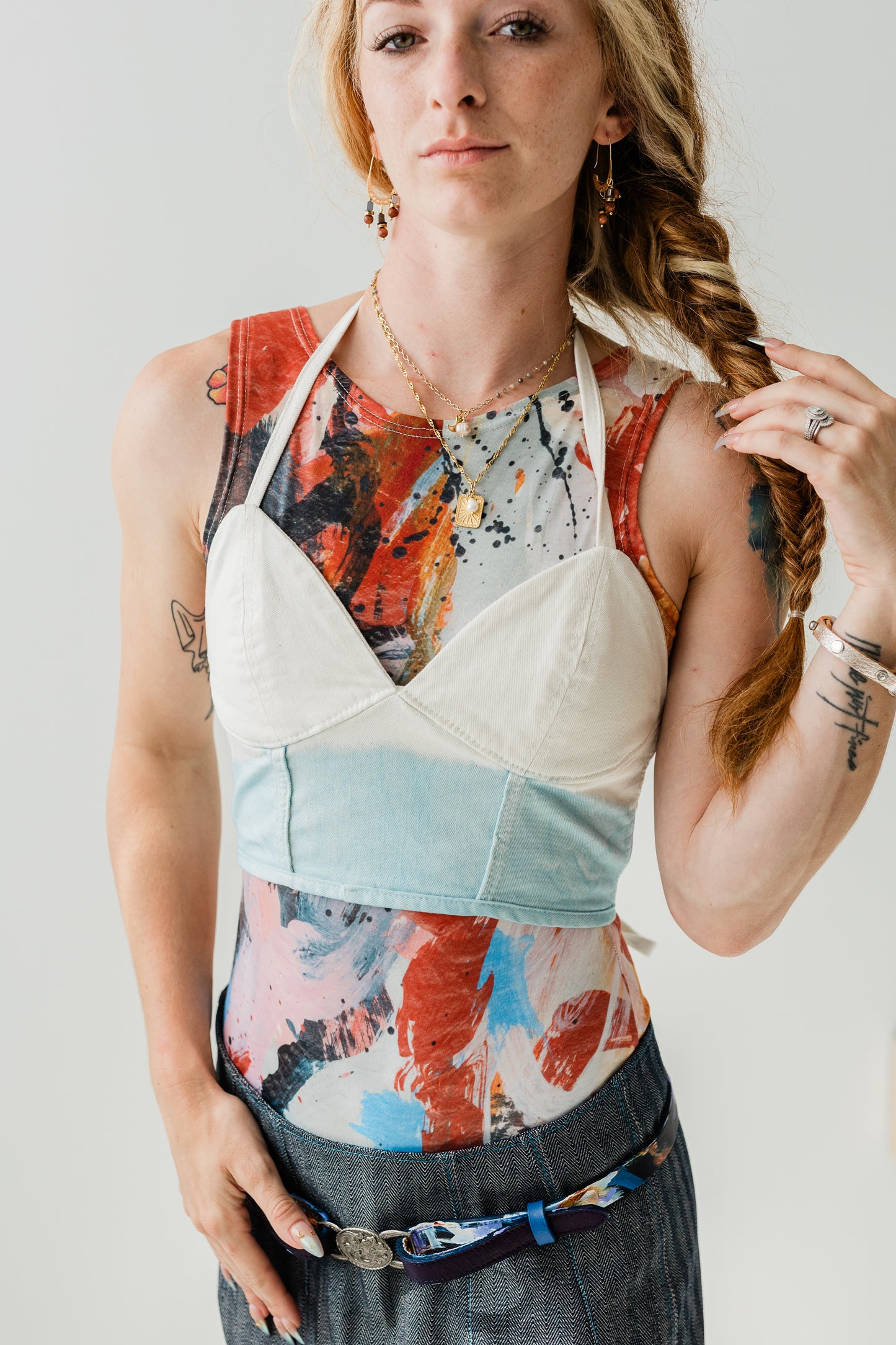 Organic denim dip dyed indigo Ombre effect bralette/corset in Ivory and Indigo