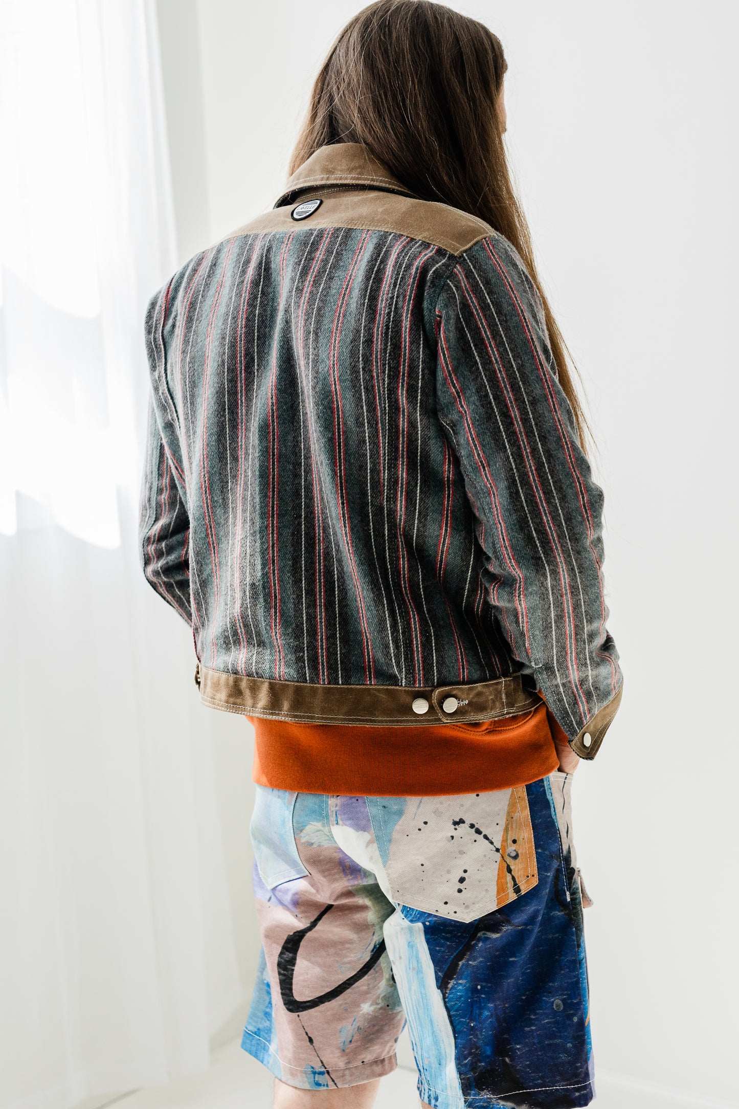 Lavelle Wool/waxed canvas signature denim jacket (unisex) in Woolrich wool in heather and whiskey