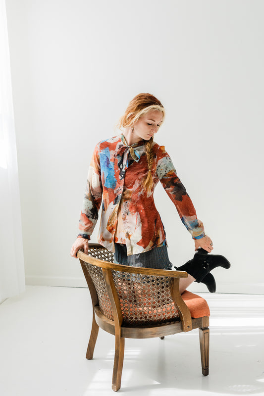 Silk chiffon tie blouse in vegetable dyed Marcy Parks print with pearl snaps