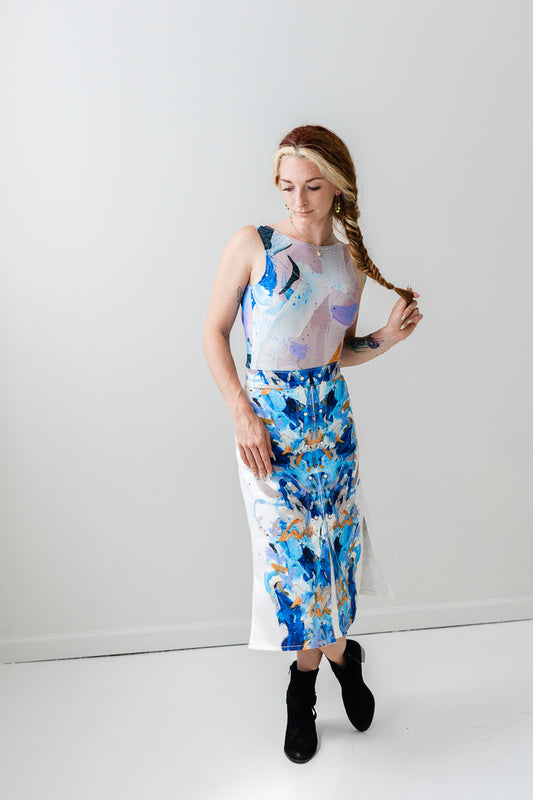 Vegetable dyed denim mirrored print denim A-line skirt