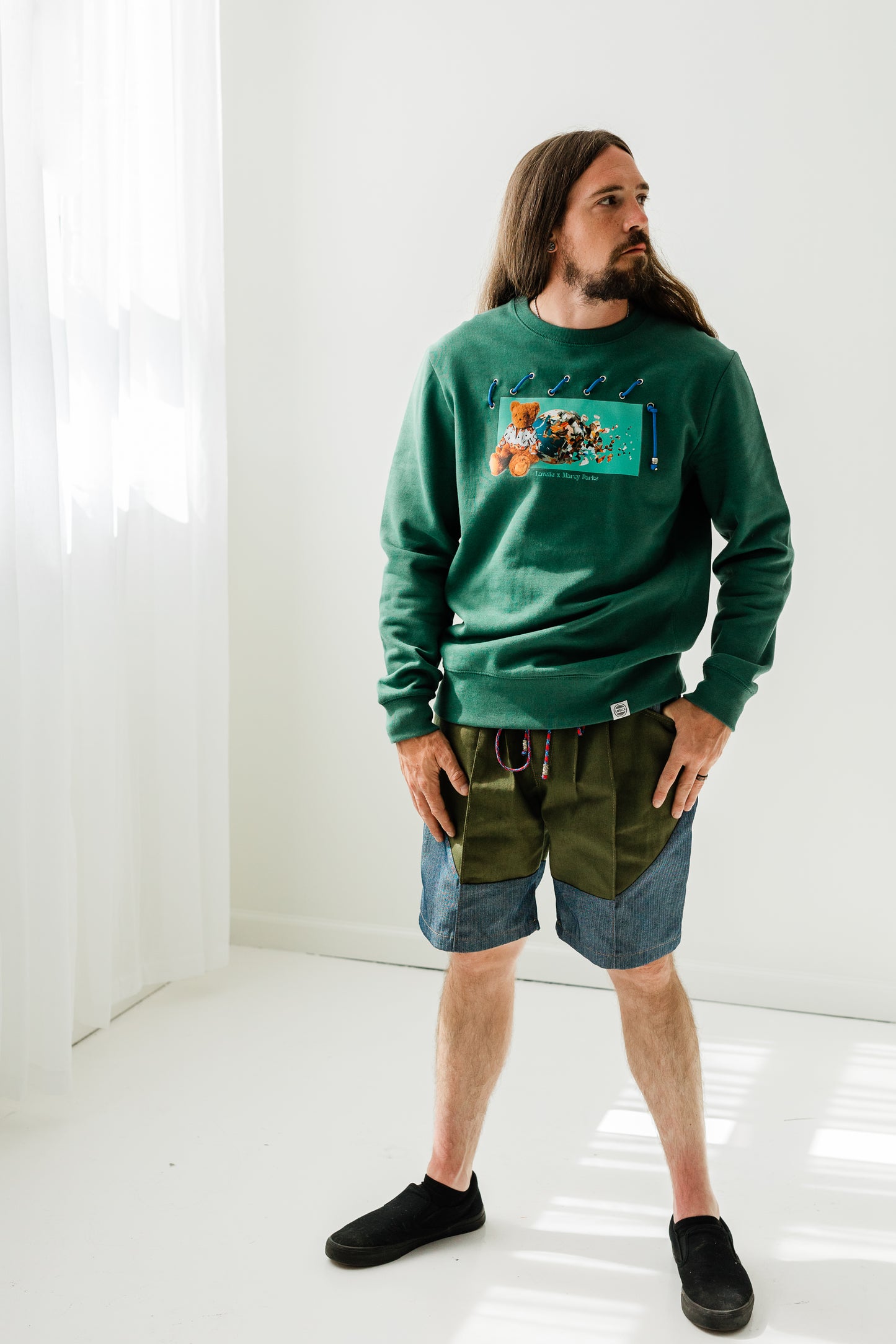 Japanese selvage denim olive and herringbone mixed media draw string shorts.