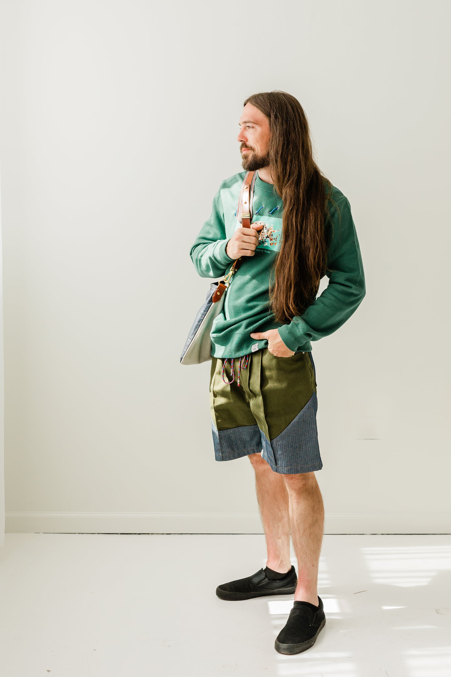 Japanese selvage denim olive and herringbone mixed media draw string shorts.