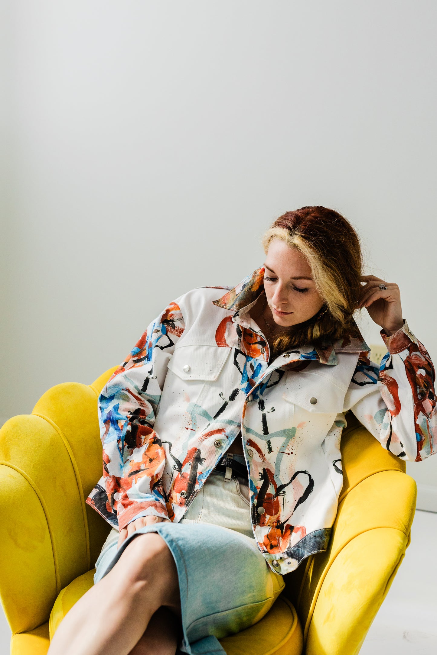"Hand painted" digitally printed Lavelle x Marcy Parks denim jacket in orange print