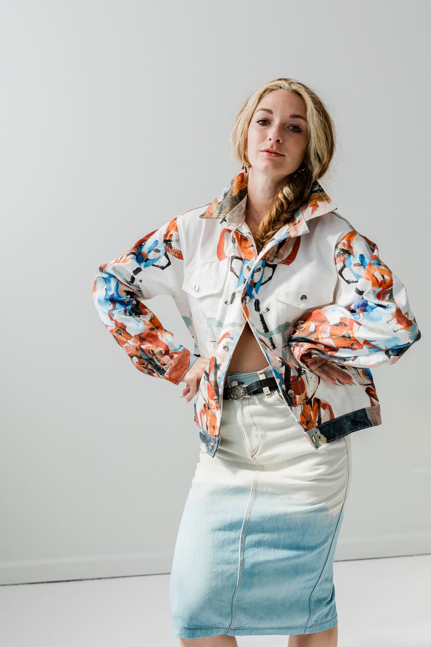 "Hand painted" digitally printed Lavelle x Marcy Parks denim jacket in orange print