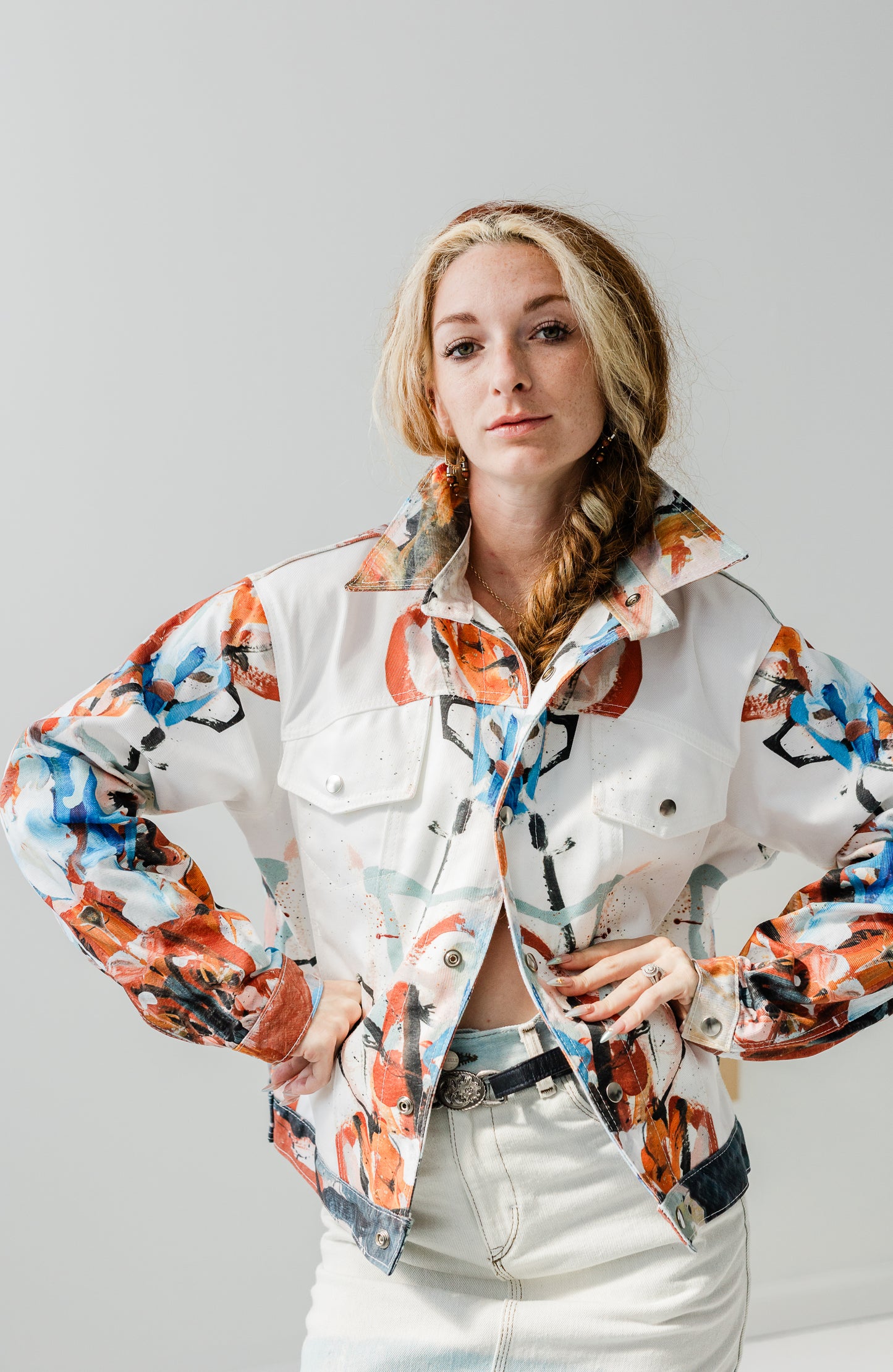 "Hand painted" digitally printed Lavelle x Marcy Parks denim jacket in orange print