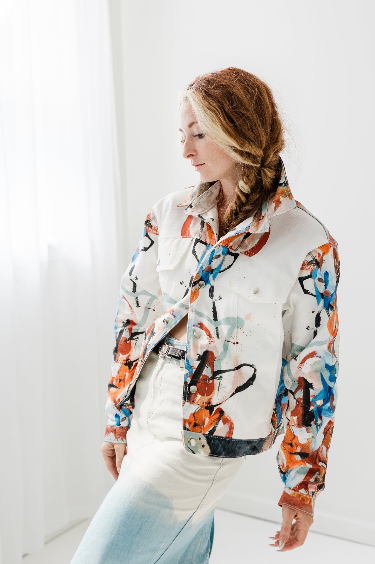 "Hand painted" digitally printed Lavelle x Marcy Parks denim jacket in orange print
