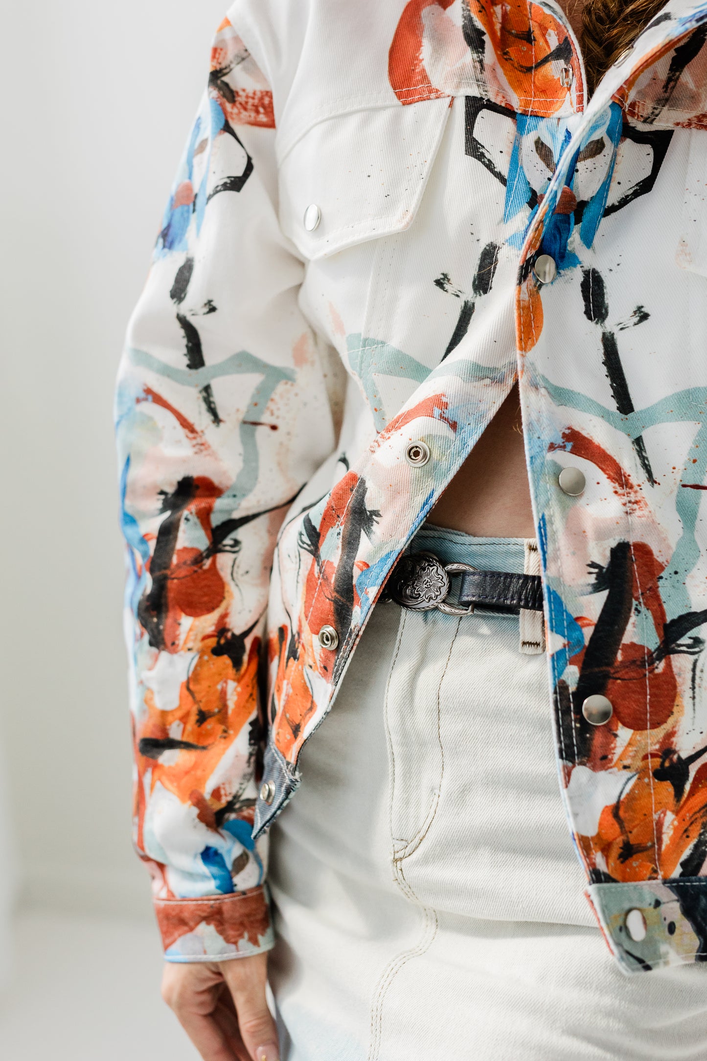 "Hand painted" digitally printed Lavelle x Marcy Parks denim jacket in orange print