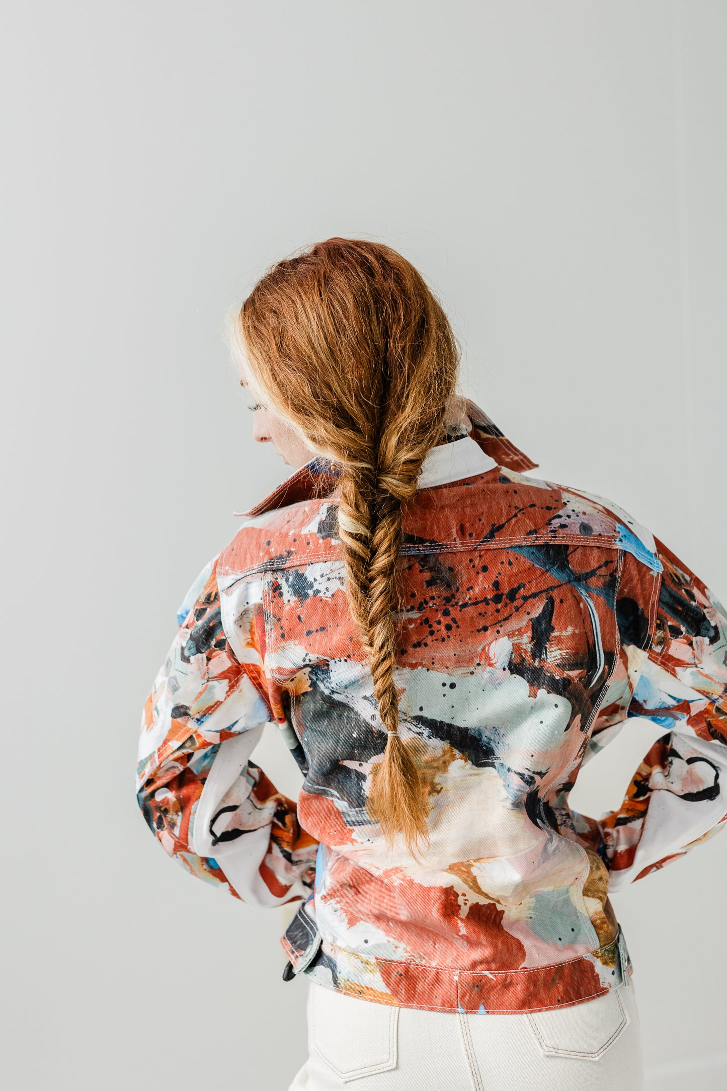 "Hand painted" digitally printed Lavelle x Marcy Parks denim jacket in orange print