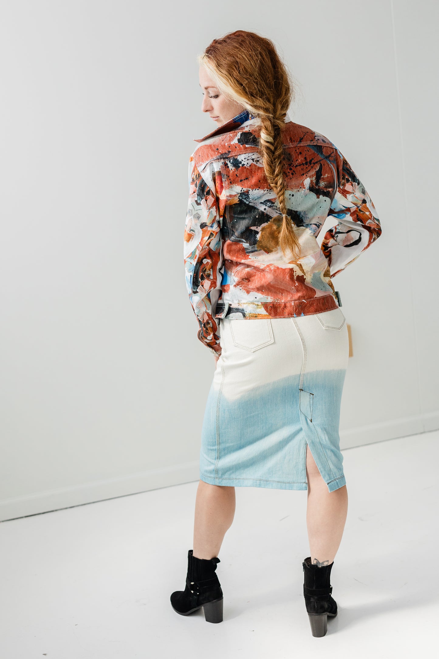 Organic denim pencil skirt with dip dyed Indigo Ombre effect