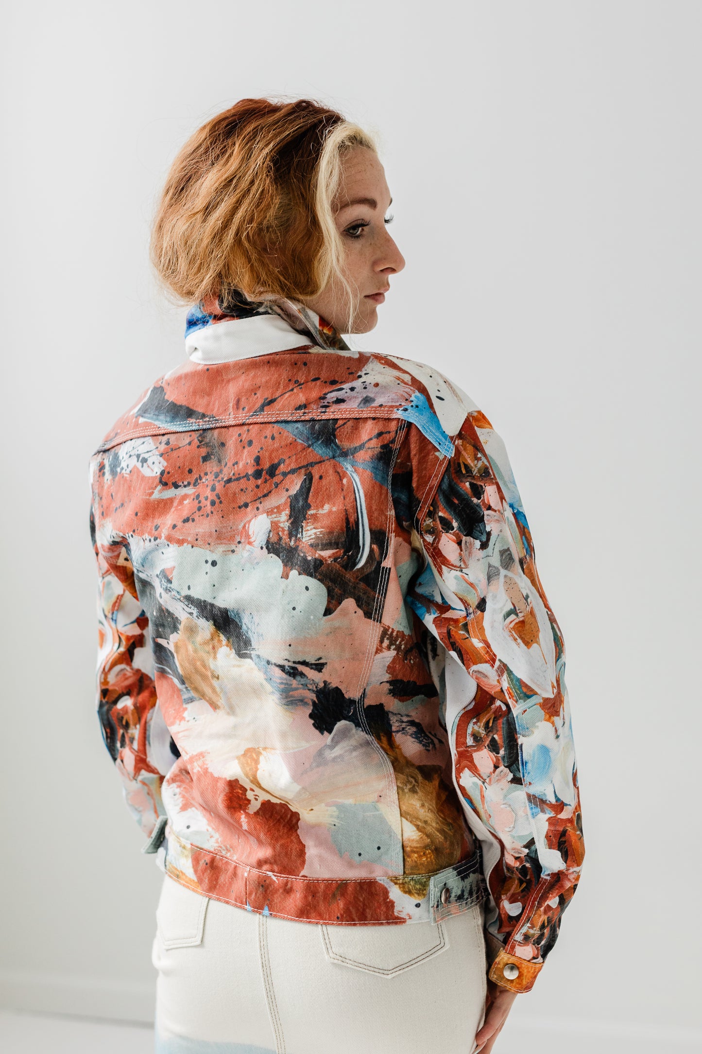 "Hand painted" digitally printed Lavelle x Marcy Parks denim jacket in orange print