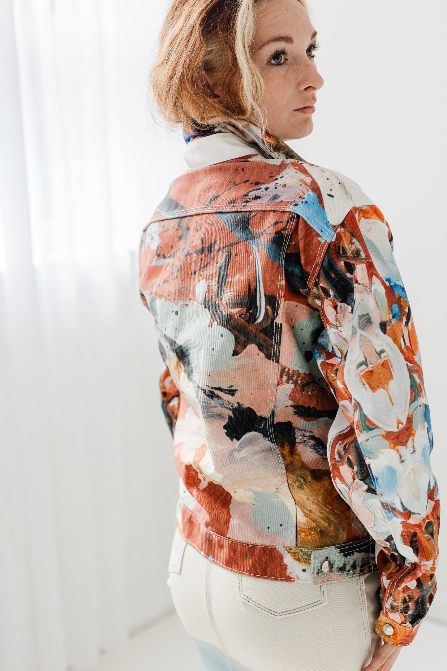 "Hand painted" digitally printed Lavelle x Marcy Parks denim jacket in orange print