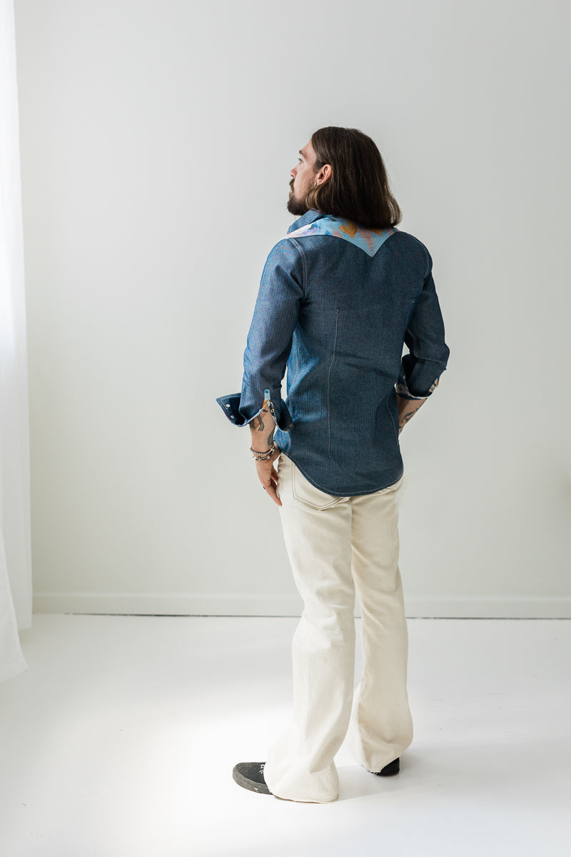 Japanese selvage denim mixed with Marcy Parks vegetable dyed Blue print western shirt