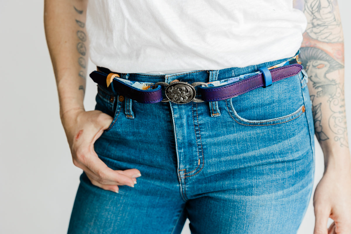 Lavelle x Marcy Parks Hand Dyed and Hand Painted Print Leather Belt with Southwestern Buckle