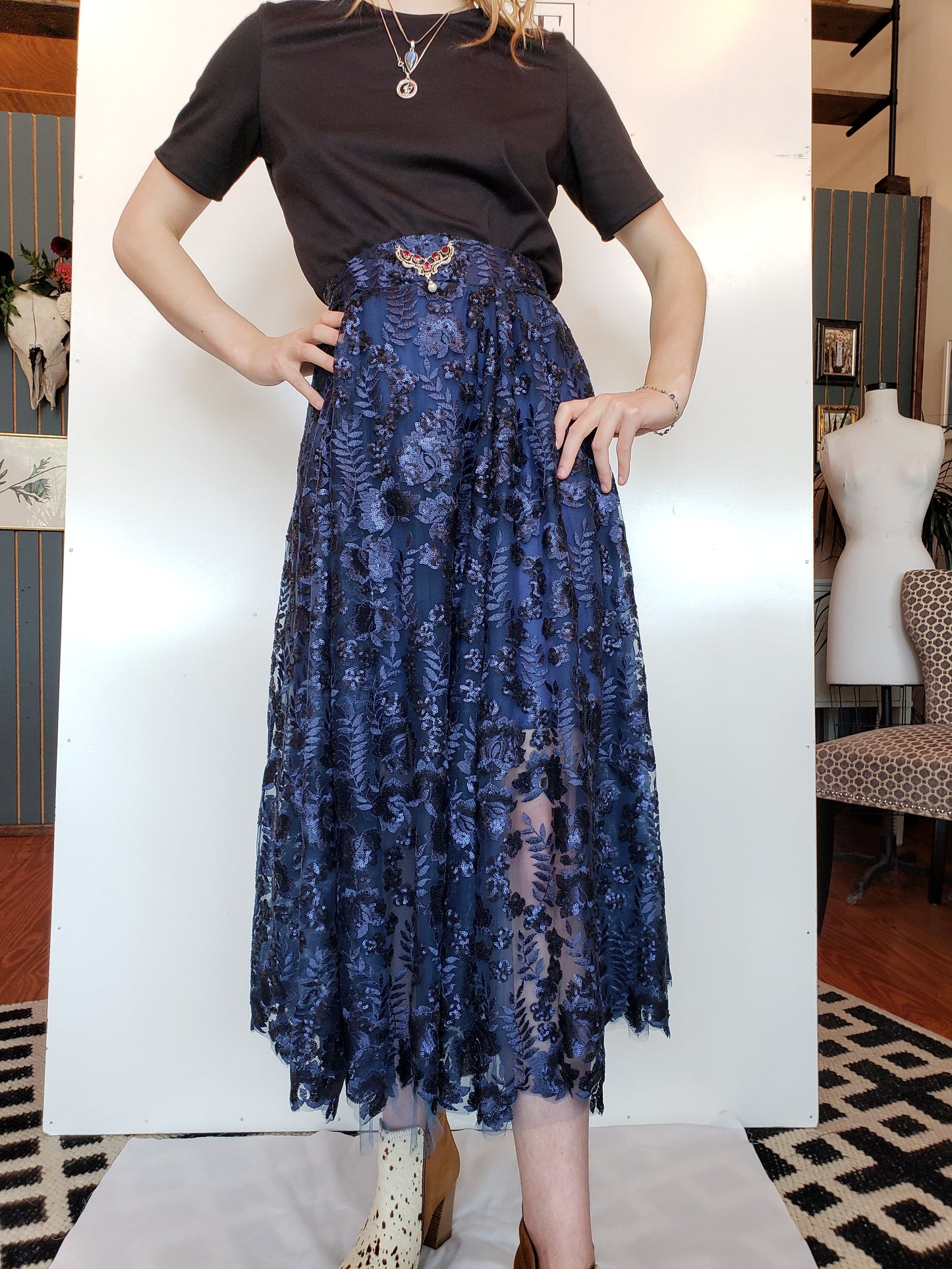 Navy Blue Lace Full Swing Skirt