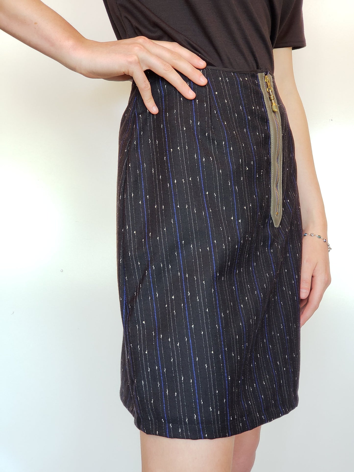 Wool Pinstripe and Flecked A-Line Skirt