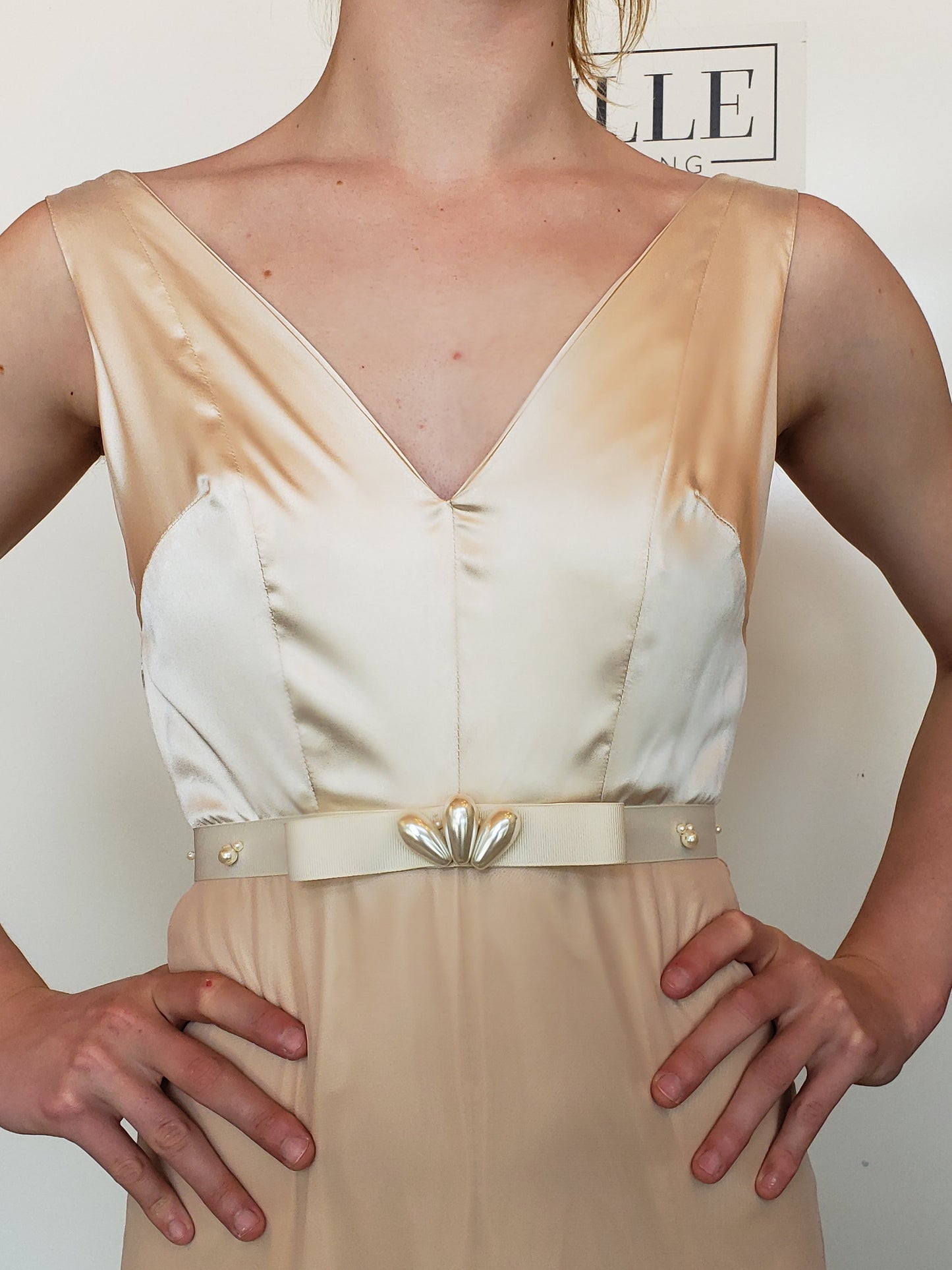 Champagne-Silk and Silk-Chiffon Wedding Gown with Pearl Beading