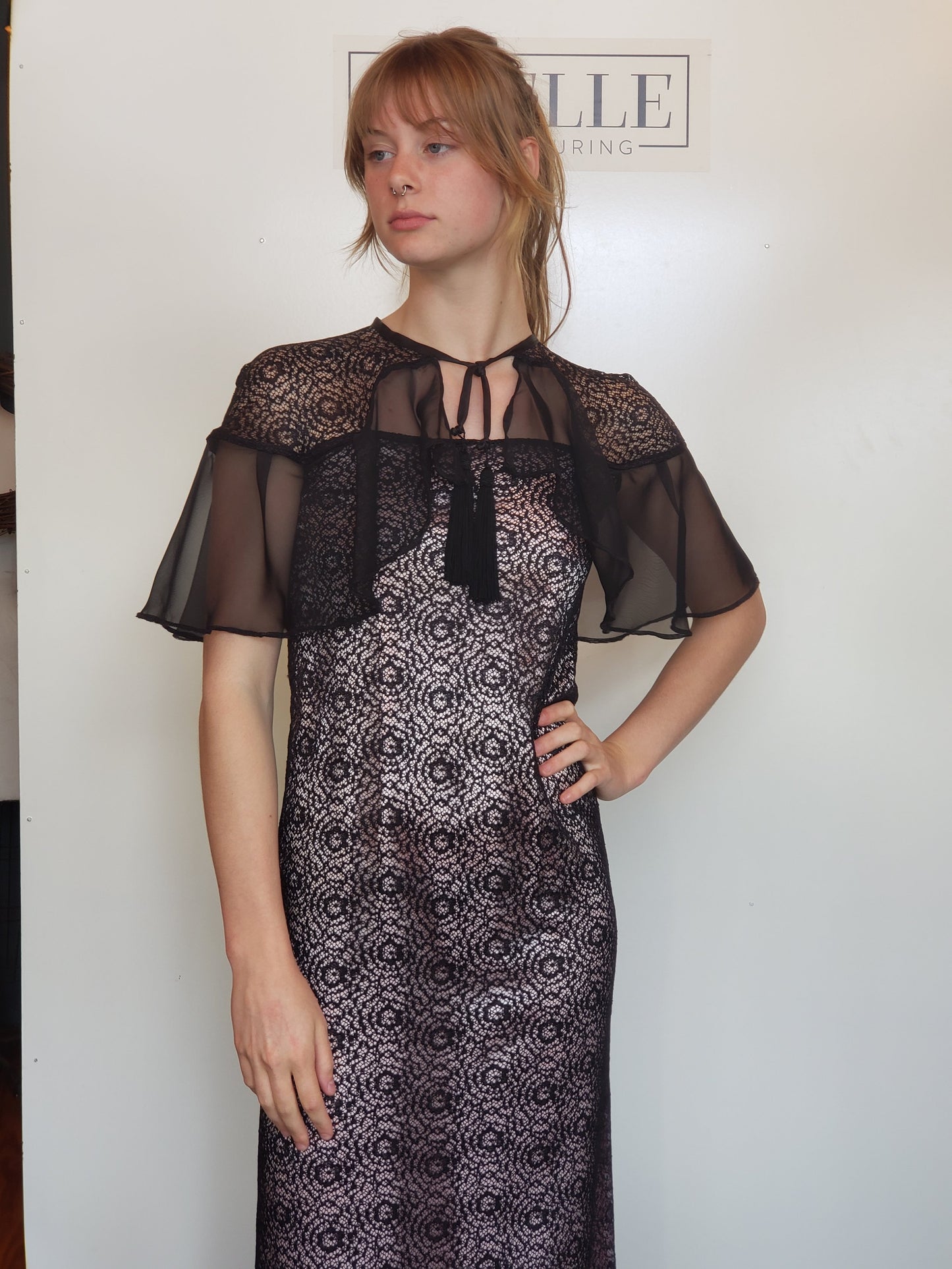 Black Guipure Lace and Lavender Satin Evening Gown with Draped Sleeve and Front Tie