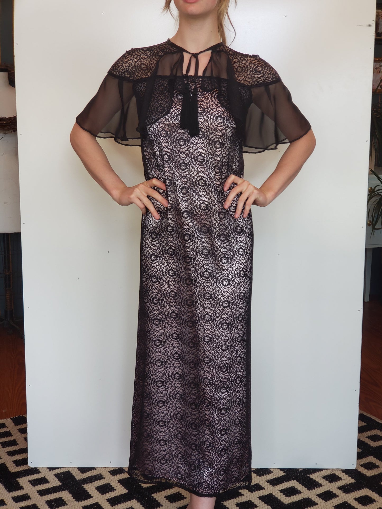 Black Guipure Lace and Lavender Satin Evening Gown with Draped Sleeve and Front Tie