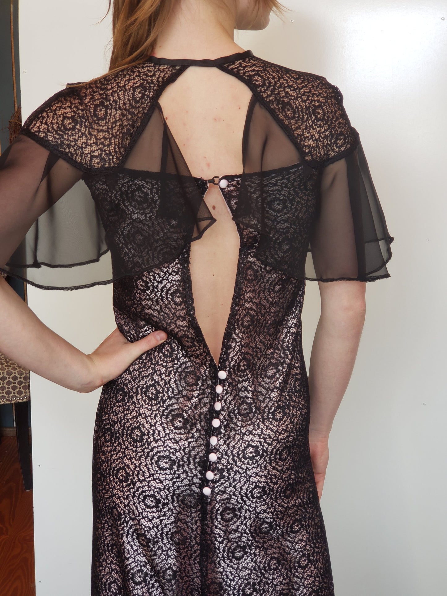 Black Guipure Lace and Lavender Satin Evening Gown with Draped Sleeve and Front Tie
