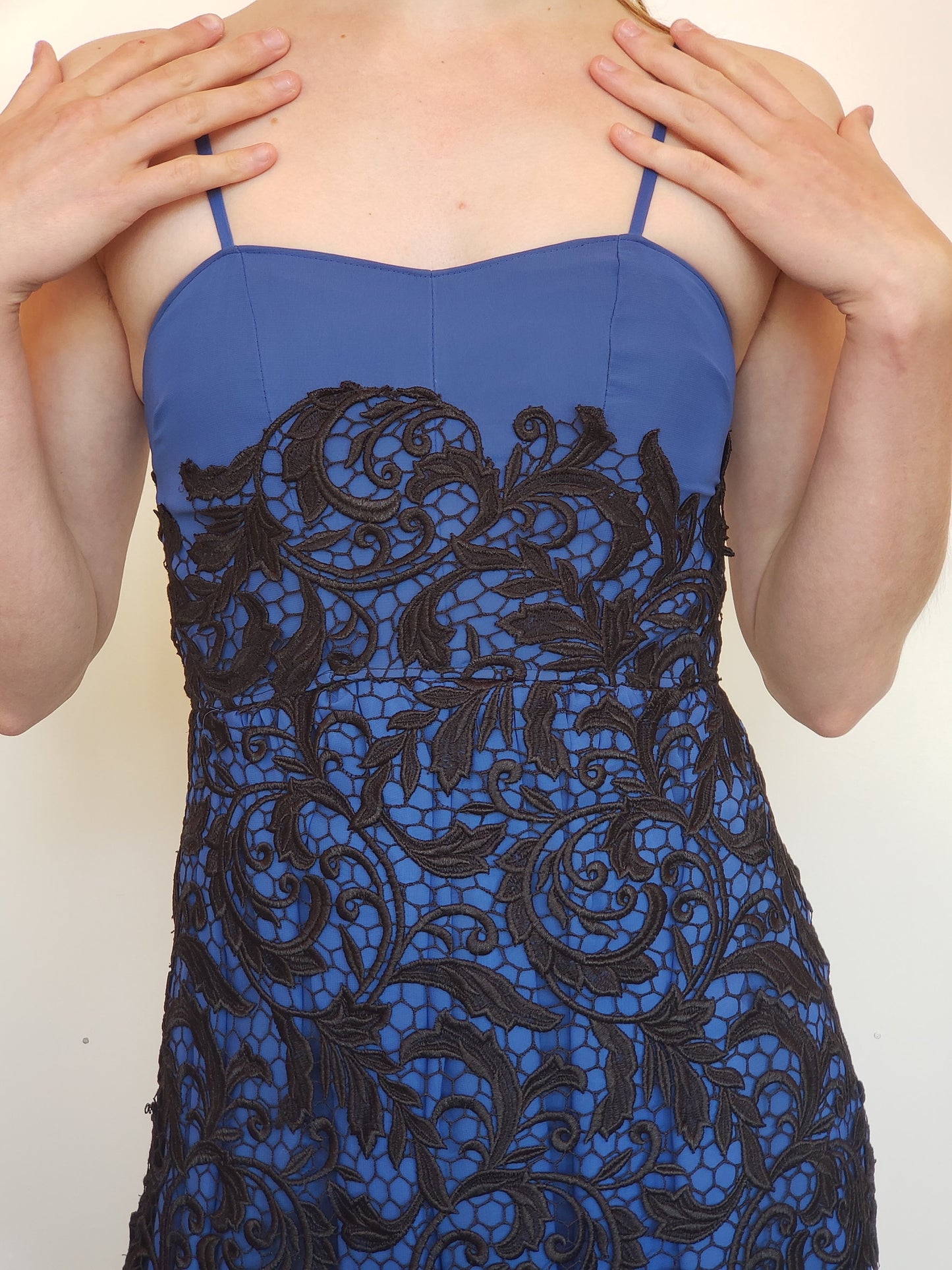 Cobalt Blue Silk Chiffon and Black Lace Strappy Cocktail Dress