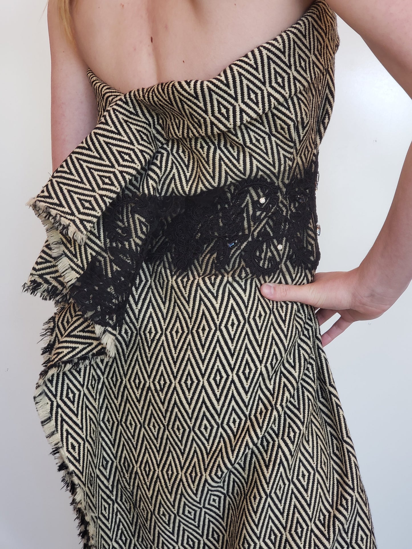 Woven Silk and Wool Strapless Gown with Lace Waist Belt