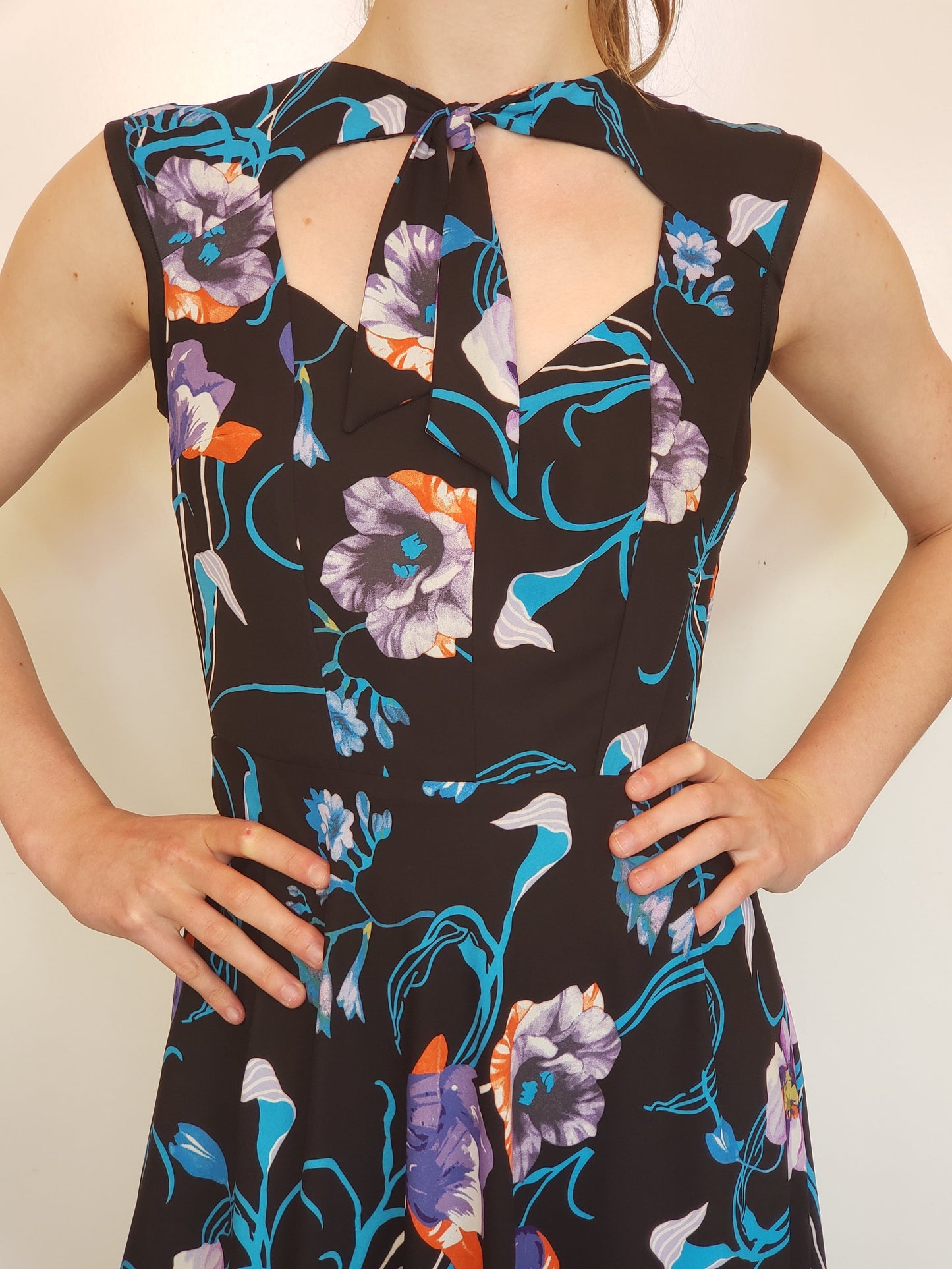 Cobalt, Orange, and Black Botanical Silk Tie Dress