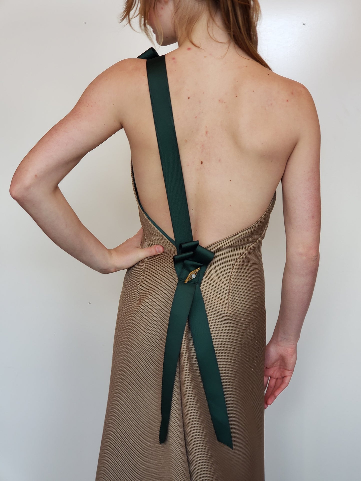 Gold Woven Mesh One-Shouldered Gown with Forest Green Strap