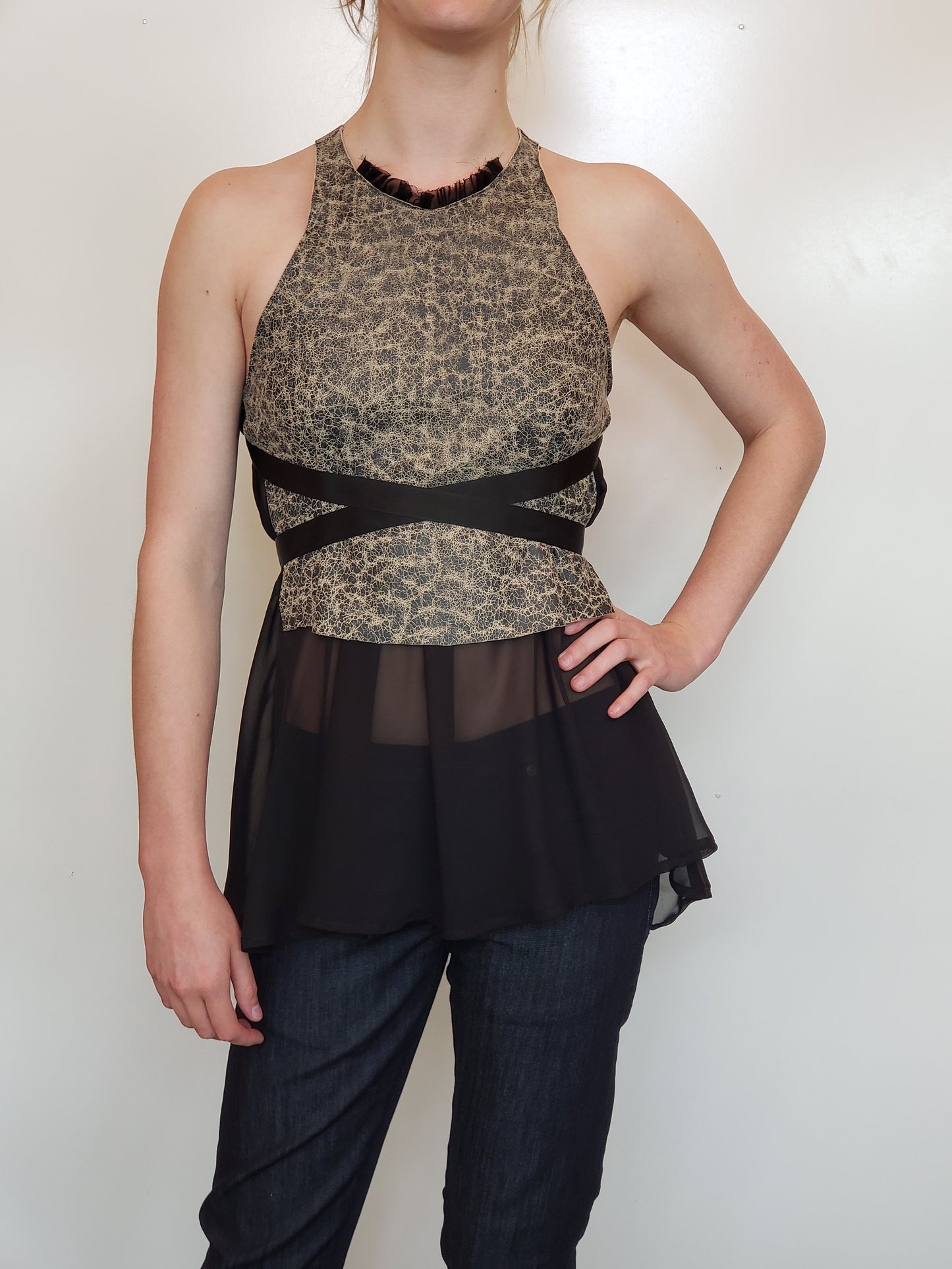 Black Chiffon and Leather Shift Top