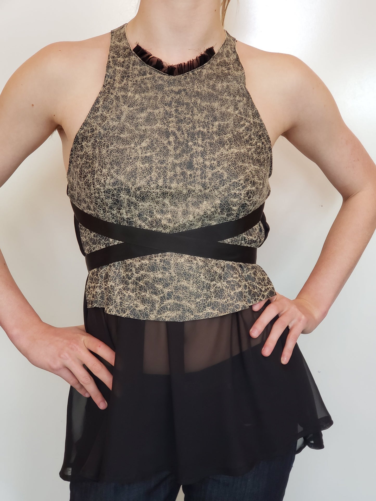 Black Chiffon and Leather Shift Top