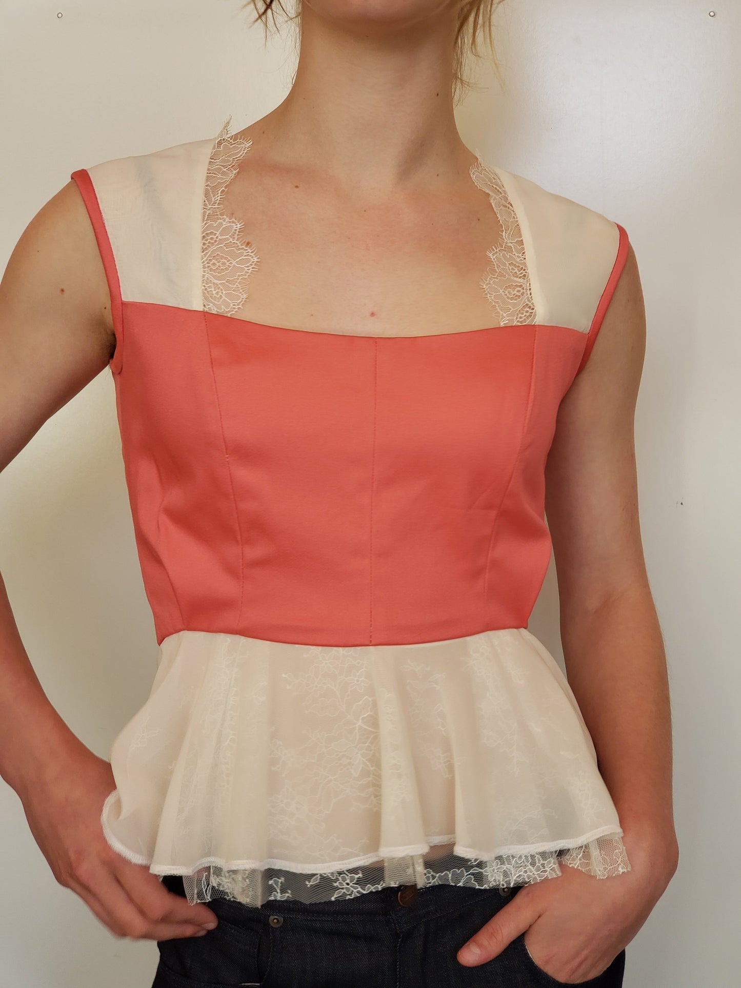 Sateen and Chiffon Peplum Top