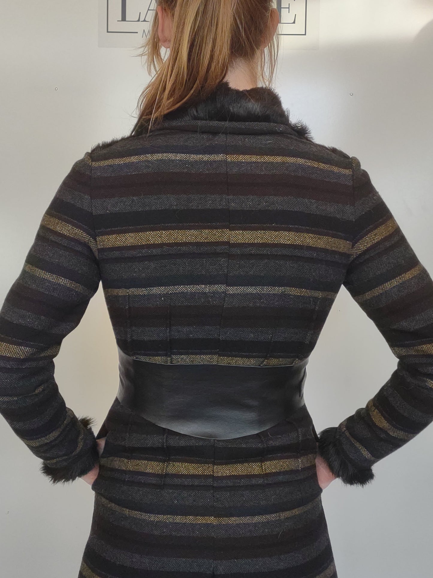 Charcoal, Black, Green, and Mustard Striped Wool Car Coat with Leather Belt