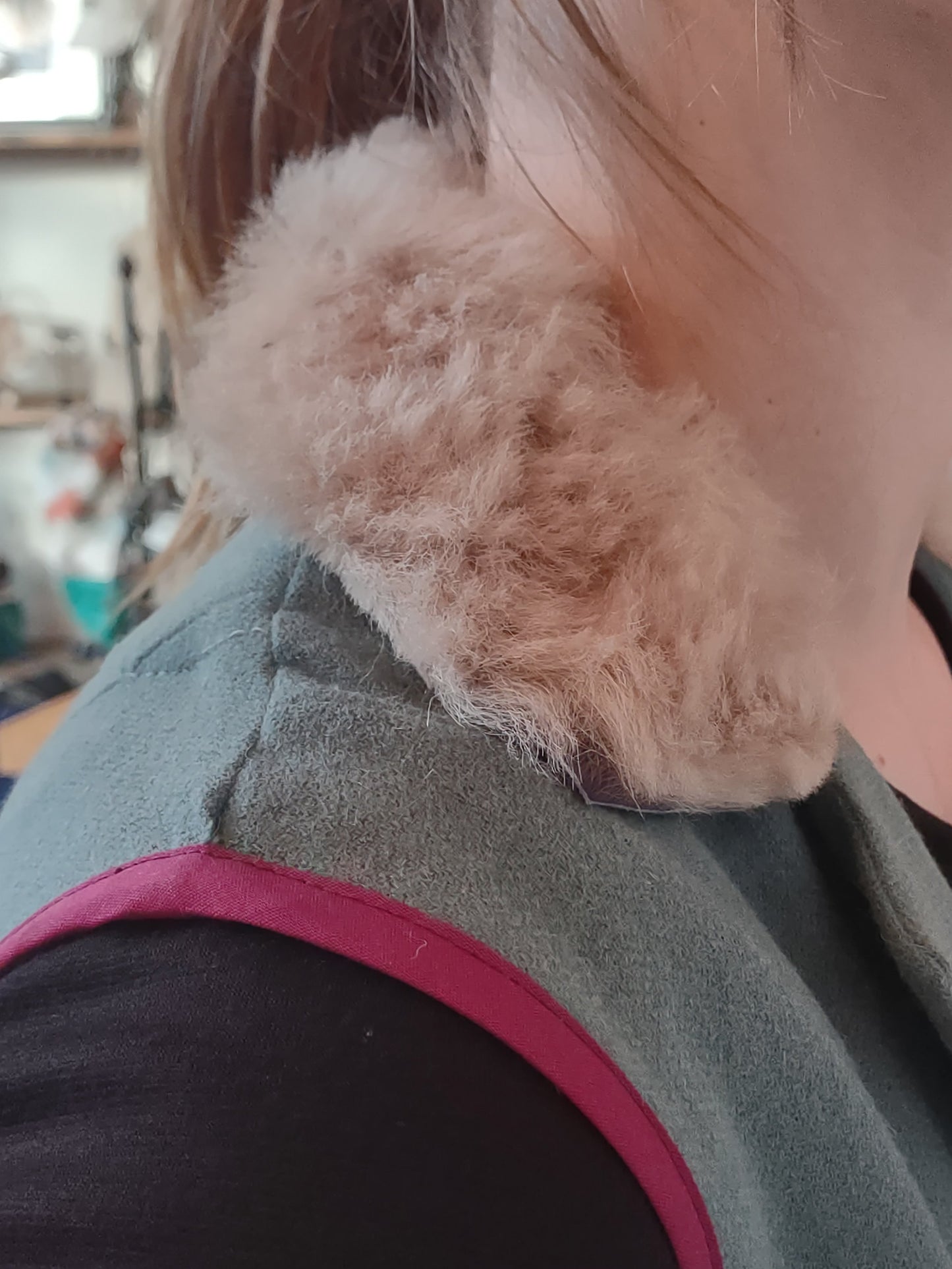 Seafoam Wool Long Vest Coat with Rabbit Fur Collar and Ribbon Tie