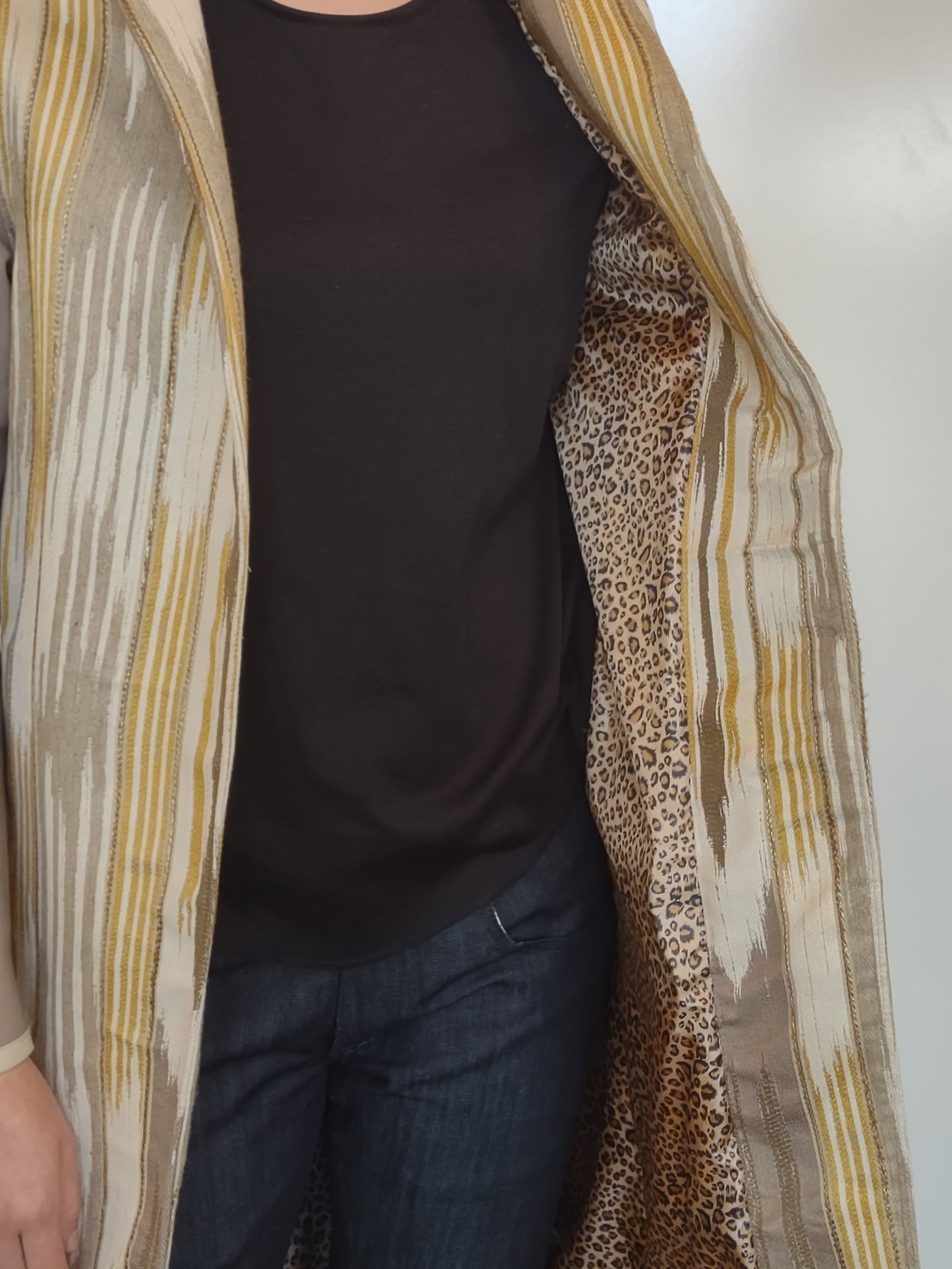 Yellow, Tan, and Cream Woven Textile Car Coat with Leather Embellishment