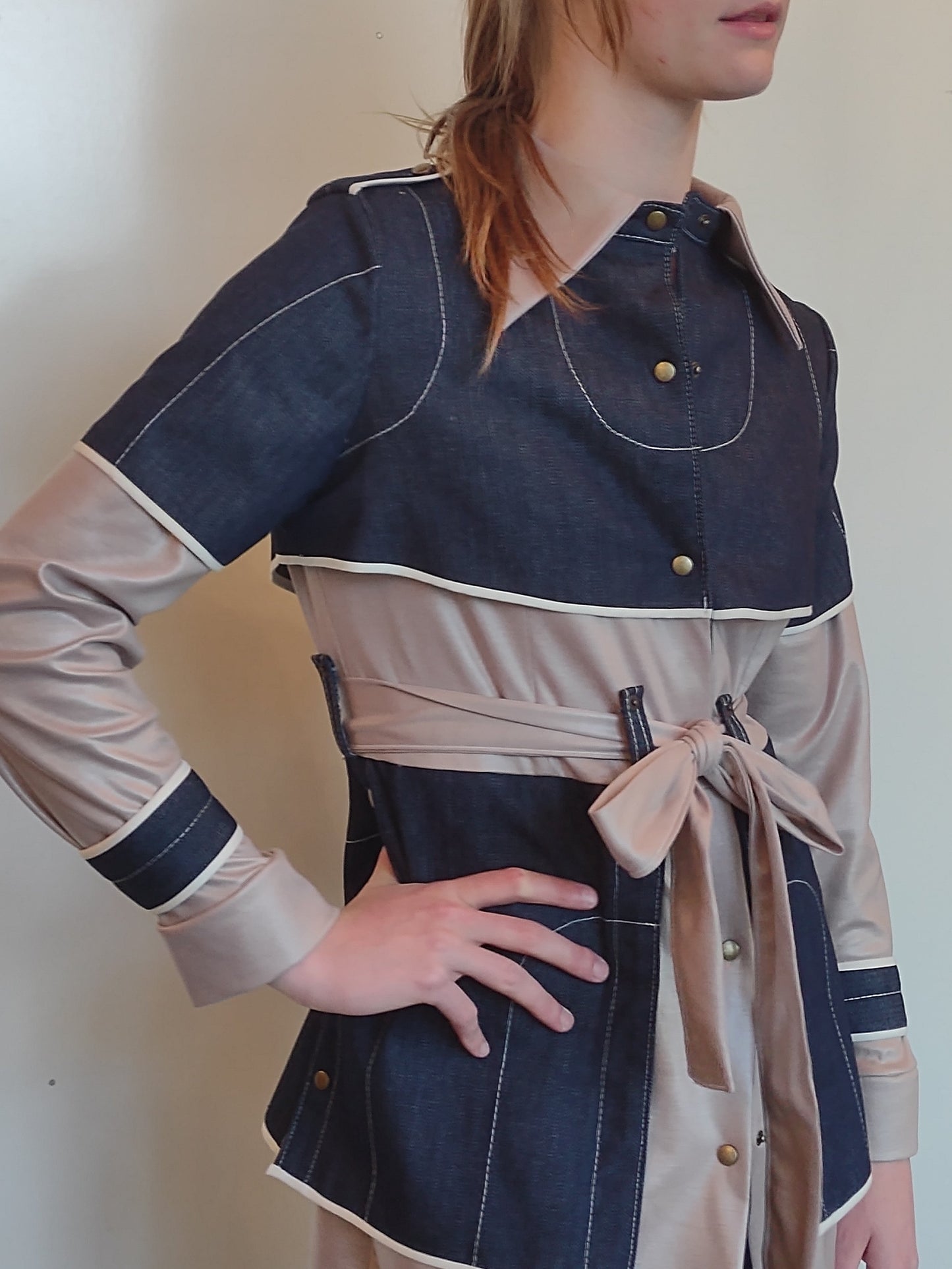 Denim and Ponte Knit Trench Coat with Tie and Snapped Closures