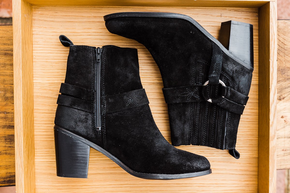 Black distressed suede/leather boot with a 2.5" heel