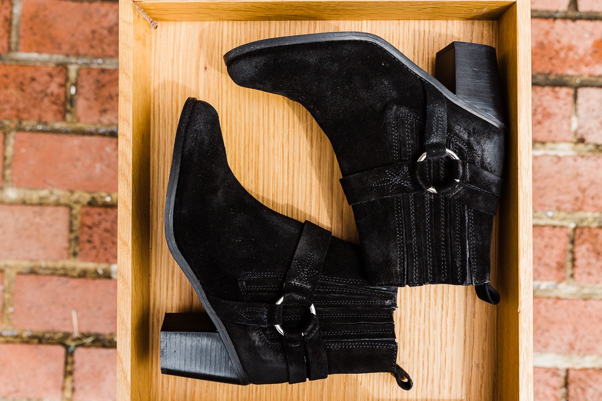 Black distressed suede/leather boot with a 2.5" heel